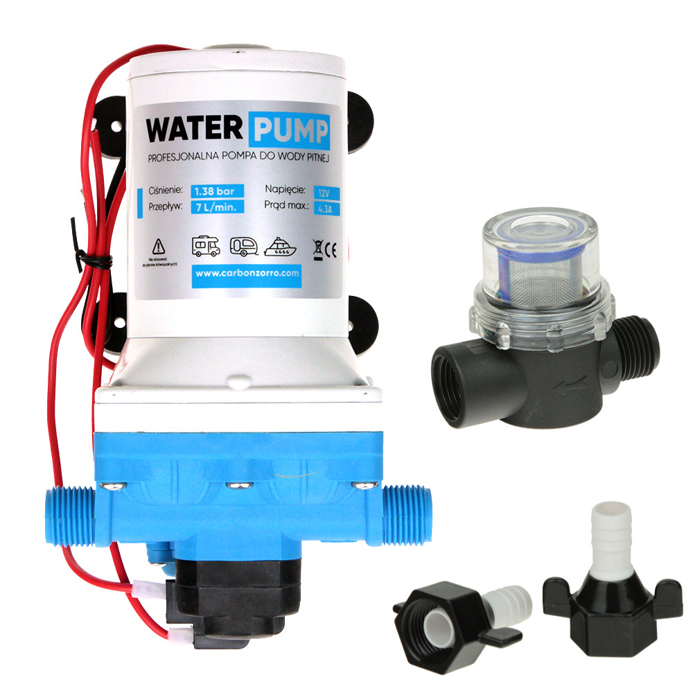 Water Pump WP7LPM 12 V Wasserpumpe mit Filter und zwei Schlauchtüllen