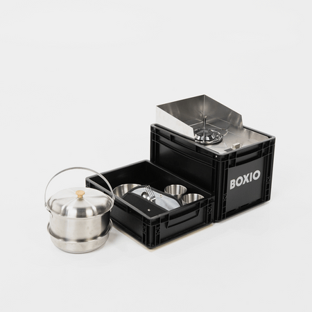 BOXIO COOK MAX+ - Kochset: Gaskocher, Topfset, Geschirr und Besteck für 4 Personen