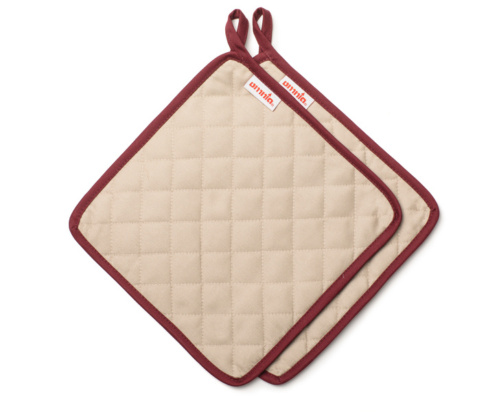 Omnia Topflappen 24 x 24 cm, beige mit weinrotem Rand - 2 Stück