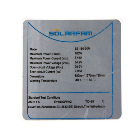 180Wp monokristallines Photovoltaik-Paneel 1370x680x30mm SOLARFAM