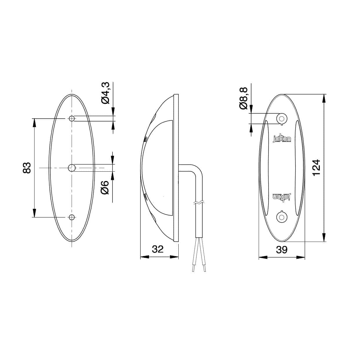 Maßzeichnung Jokon SPL 2011: 124 x 39 x 32 mm, Lochabstand 83 mm