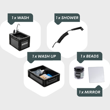 BOXIO WASH MAX+ - mobiles Waschbecken mit Wasserfilter, Dusche und Eurobox SOLO UP
