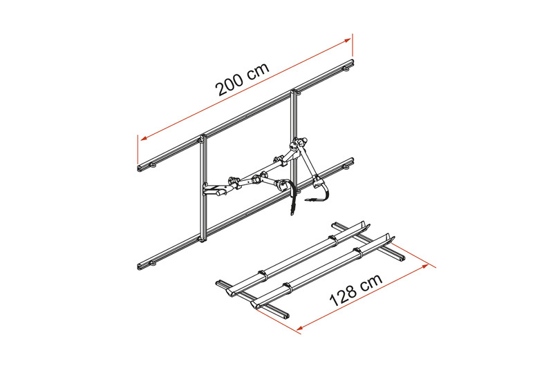 Maße Fiamma Garage Pack Plus - Rahmen 200 cm, Schienen 128 cm
