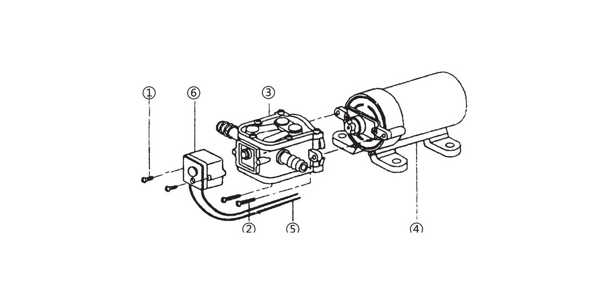 Aufbau der 2-Kammer-Pumpe: Deckelschrauben, Druckschalter, Kabel, Kopfschrauben, Pumpenkopf, Motor