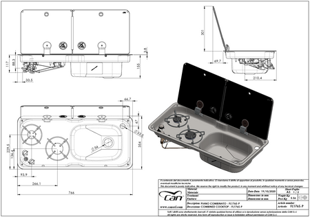 Gasherd 2 Brenner Spüle CAN FL1765 mit Glasabdeckung