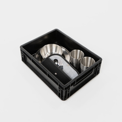 BOXIO COOK UP - Geschirr und Besteck für 4 Personen in der flachen Eurobox SOLO UP, 28-teilig