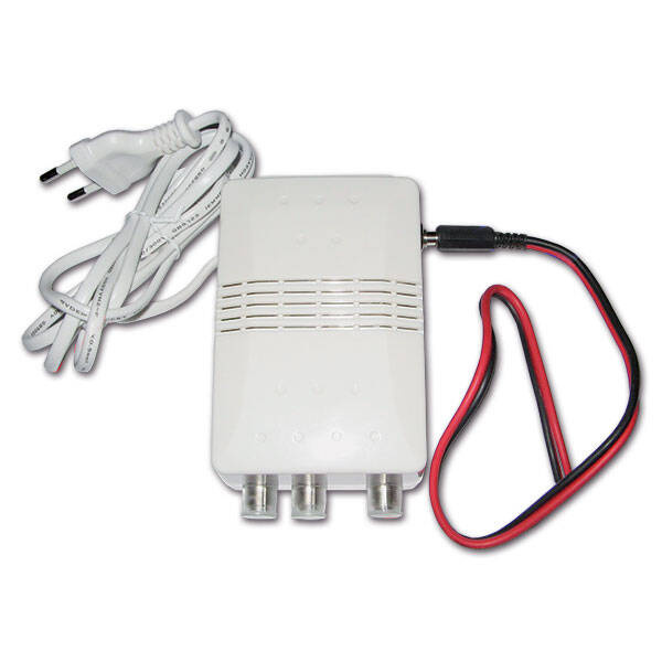 DVB-T2 Verstärker mit 230-V-Kabel und 12-V-Anschlusskabel
